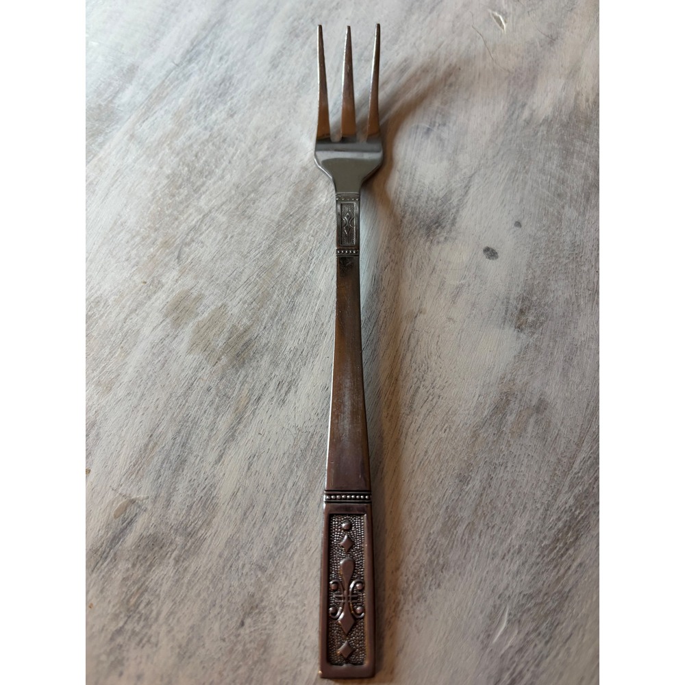 One Oxford Hall Stainless Korea Cocktail Seafood Fork Fleur De Lis Pattern 6"